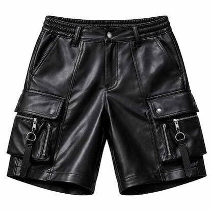 Mens Black Leather Cargo Utility Shorts