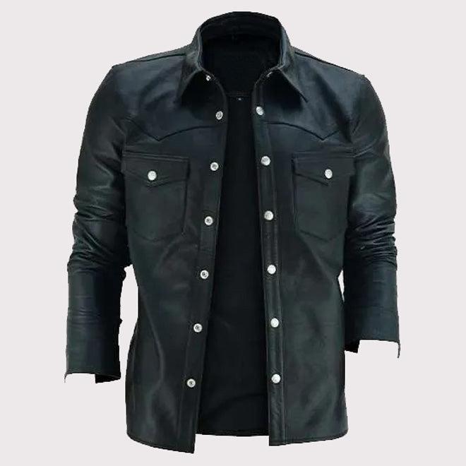 Classic Black Leather Collared Shirt for Men
