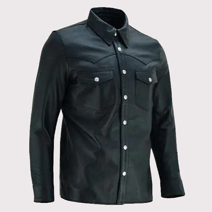 Men's Black Leather Collared Shirt
