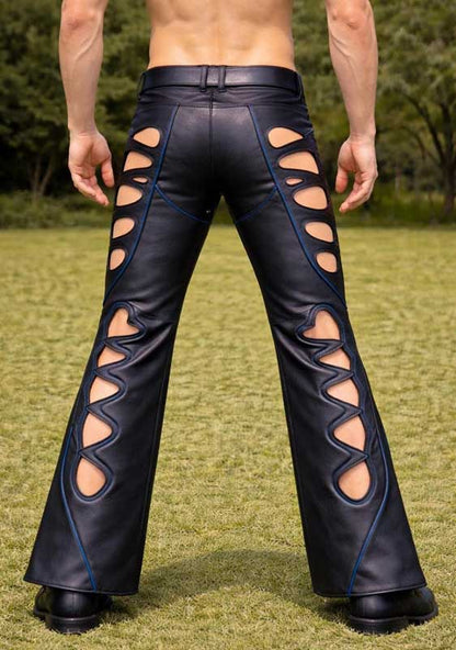 Mens Black Leather Cut Out Biker Pants