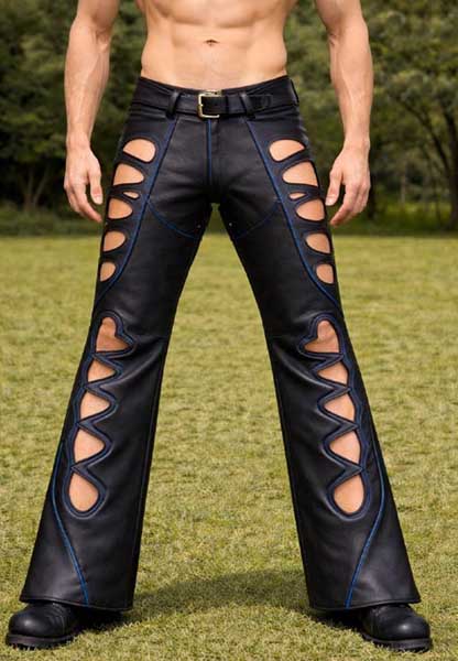 Mens Black Leather Cut Out Biker Pants