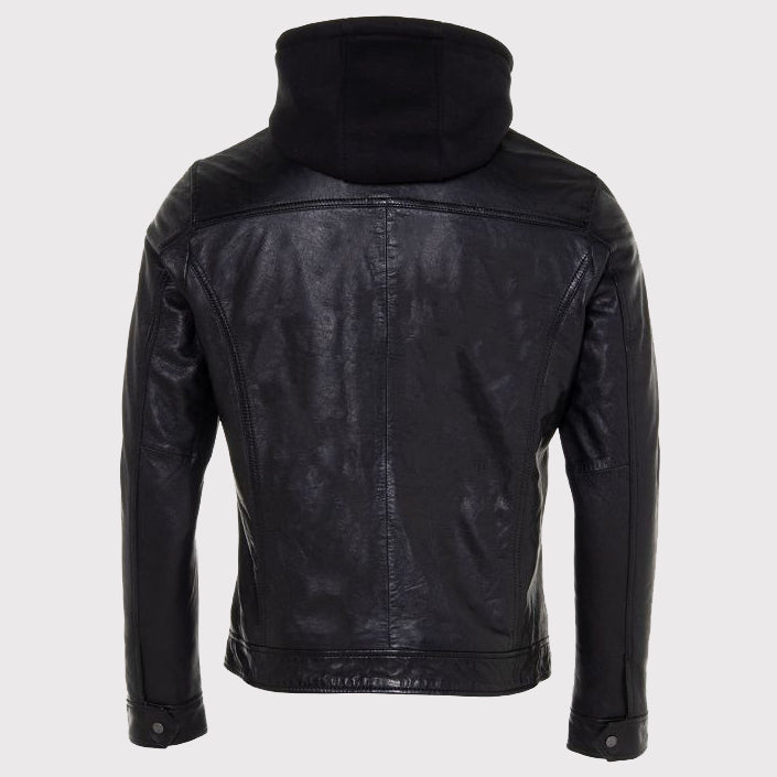 Men's Black Leather Jacket with Detachable Hood