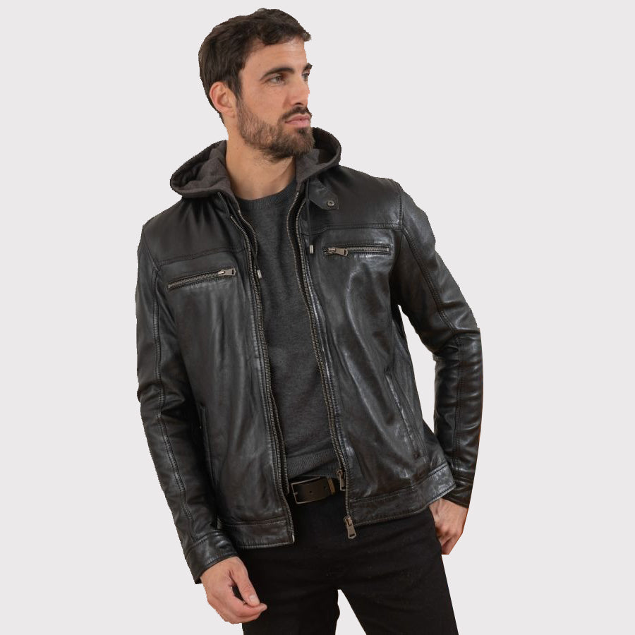 Men's Black Leather Jacket with Detachable Hood