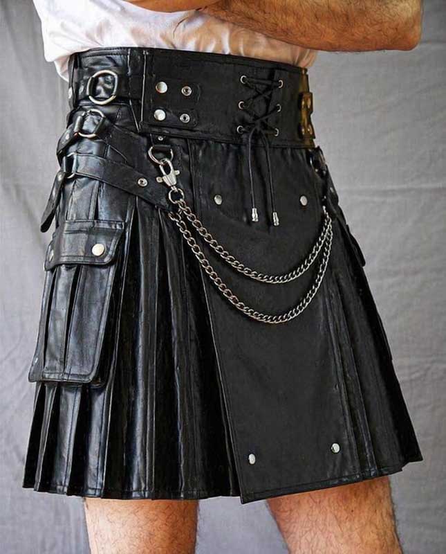 Mens Black Leather Gothic Kilt with Chains