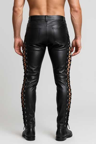 Mens Black Sheepskin Leather Lace Up Biker Pants Slim Fit