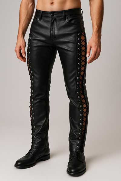 Mens Black Sheepskin Leather Lace Up Biker Pants Slim Fit