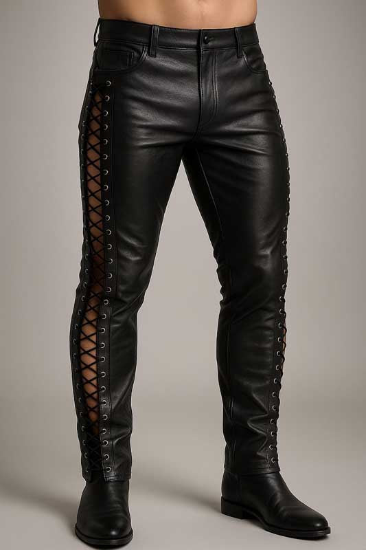 Mens Black Sheepskin Leather Lace Up Biker Pants Slim Fit