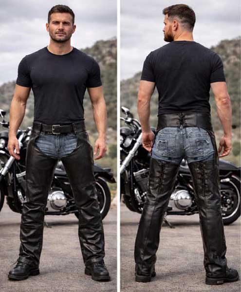 Mens Black Cowhide Leather Motorcycle Chaps