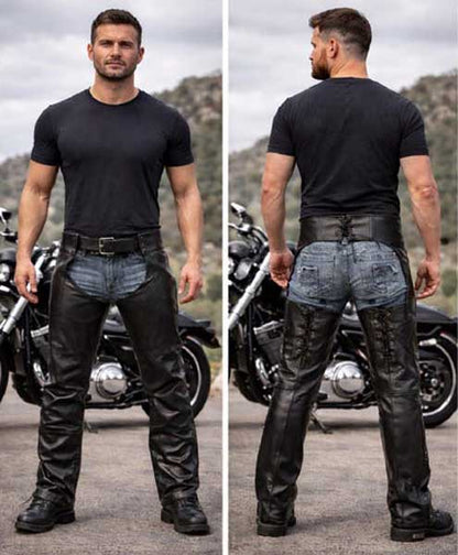 Mens Black Cowhide Leather Motorcycle Chaps