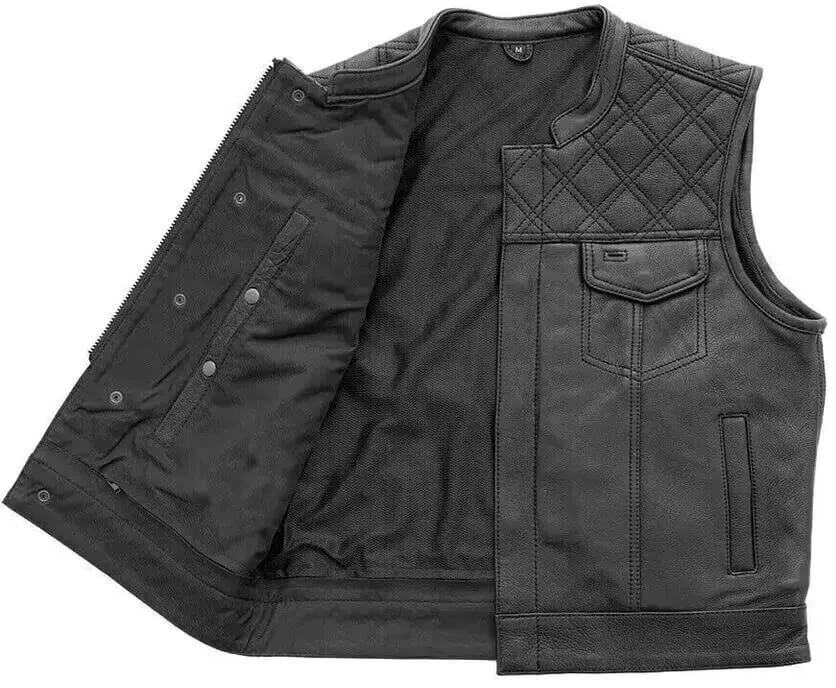 Men's Black Leather Motorcycle Vest with Diamond Stitch