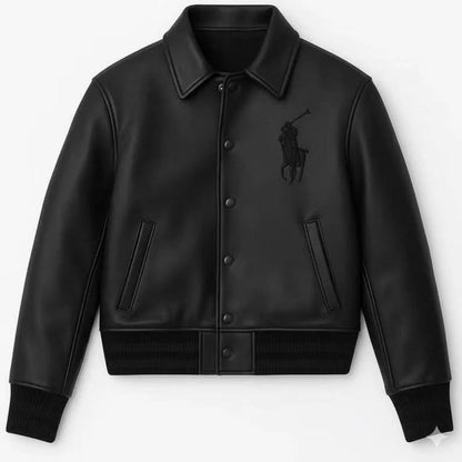 Men's black genuine leather varsity motorcycle jacket front view by Jackets Kingdom