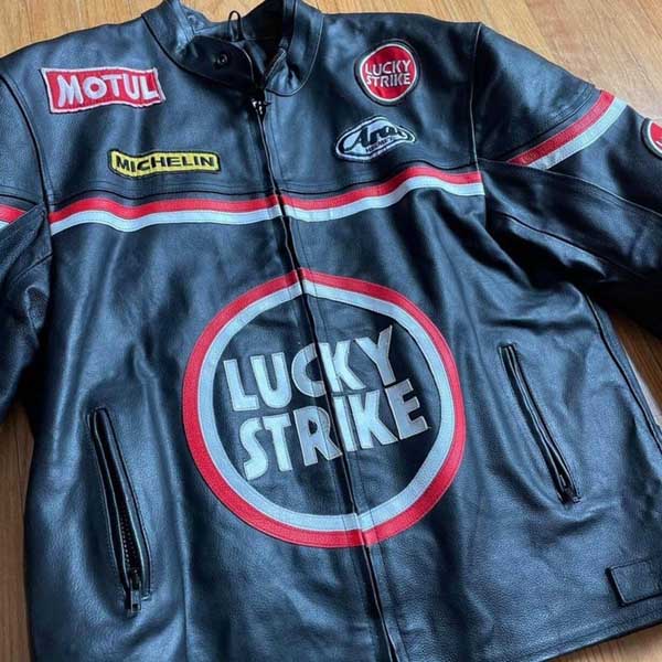 Mens Black Lucky Strike Cowhide Leather Cafe Racer Jacket