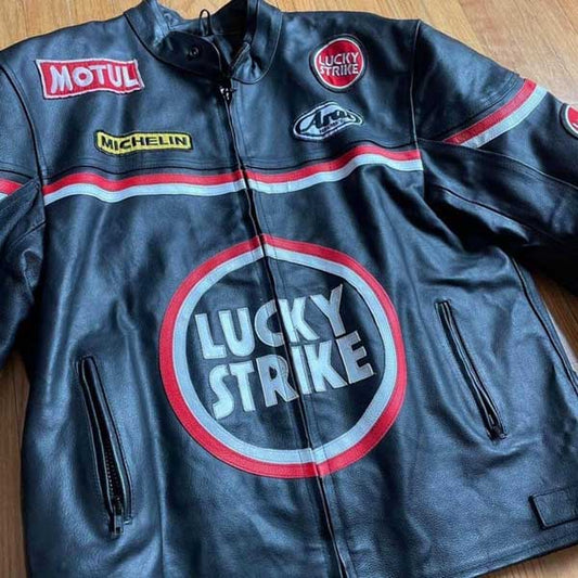 Mens Black Lucky Strike Cowhide Leather Cafe Racer Jacket