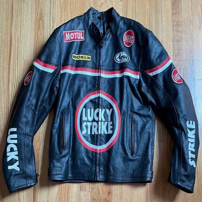 Mens Black Lucky Strike Cowhide Leather Cafe Racer Jacket