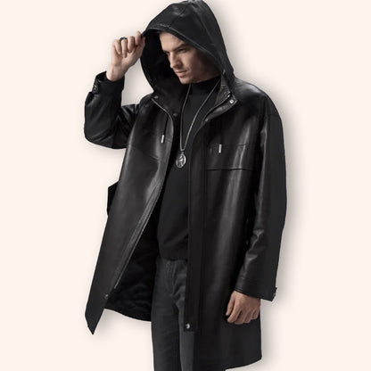 Men's Black Mid-Length Leather Coat with Hood - Jackets Kingdom