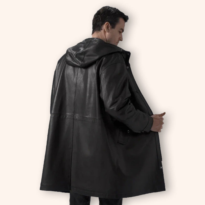 Men's Black Mid-Length Leather Coat with Hood - Jackets Kingdom