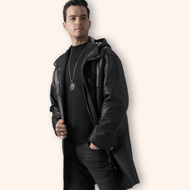 Men's Black Mid-Length Leather Coat with Hood - Jackets Kingdom