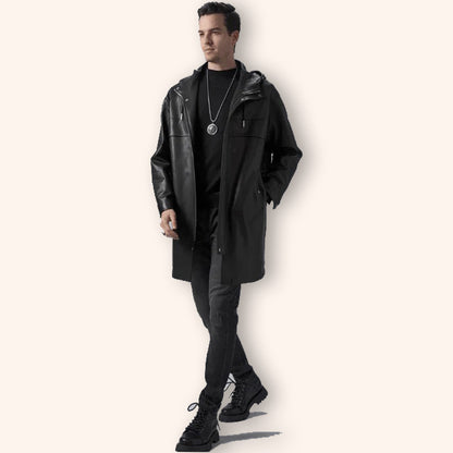 Men's Black Mid-Length Leather Coat with Hood - Jackets Kingdom