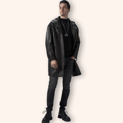 Men's Black Mid-Length Leather Coat with Hood - Jackets Kingdom