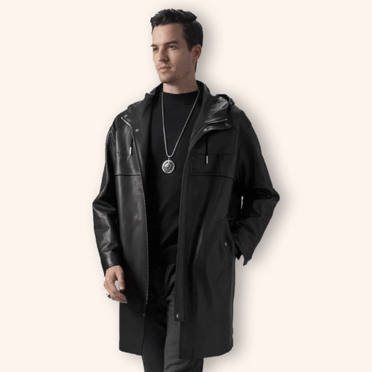 Men's Black Mid-Length Leather Coat with Hood - Jackets Kingdom