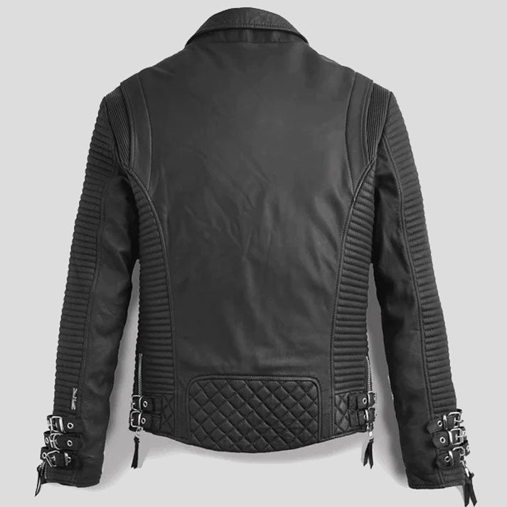 Men's Black Leather Motorcycle Jacket with Pattern - Biker Edition