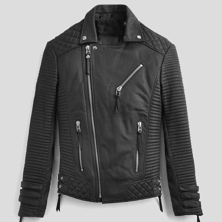 Men's Black Leather Motorcycle Jacket with Pattern - Biker Edition