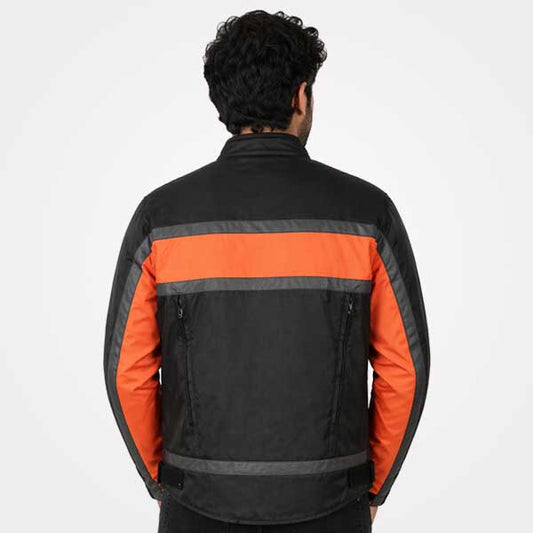 Mens Black Orange Textile Armored Racer Motorcycle Jacket