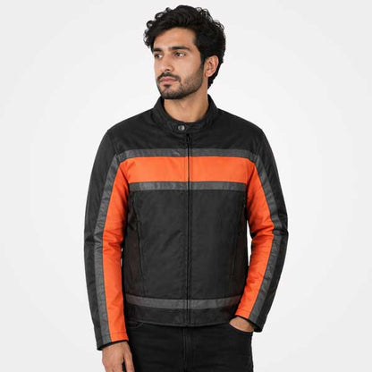 Mens Black Orange Textile Armored Racer Motorcycle Jacket