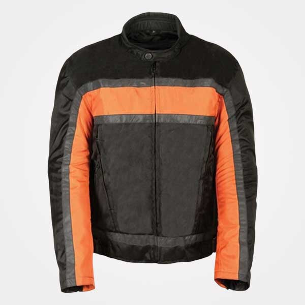 Mens Black Orange Textile Armored Racer Motorcycle Jacket