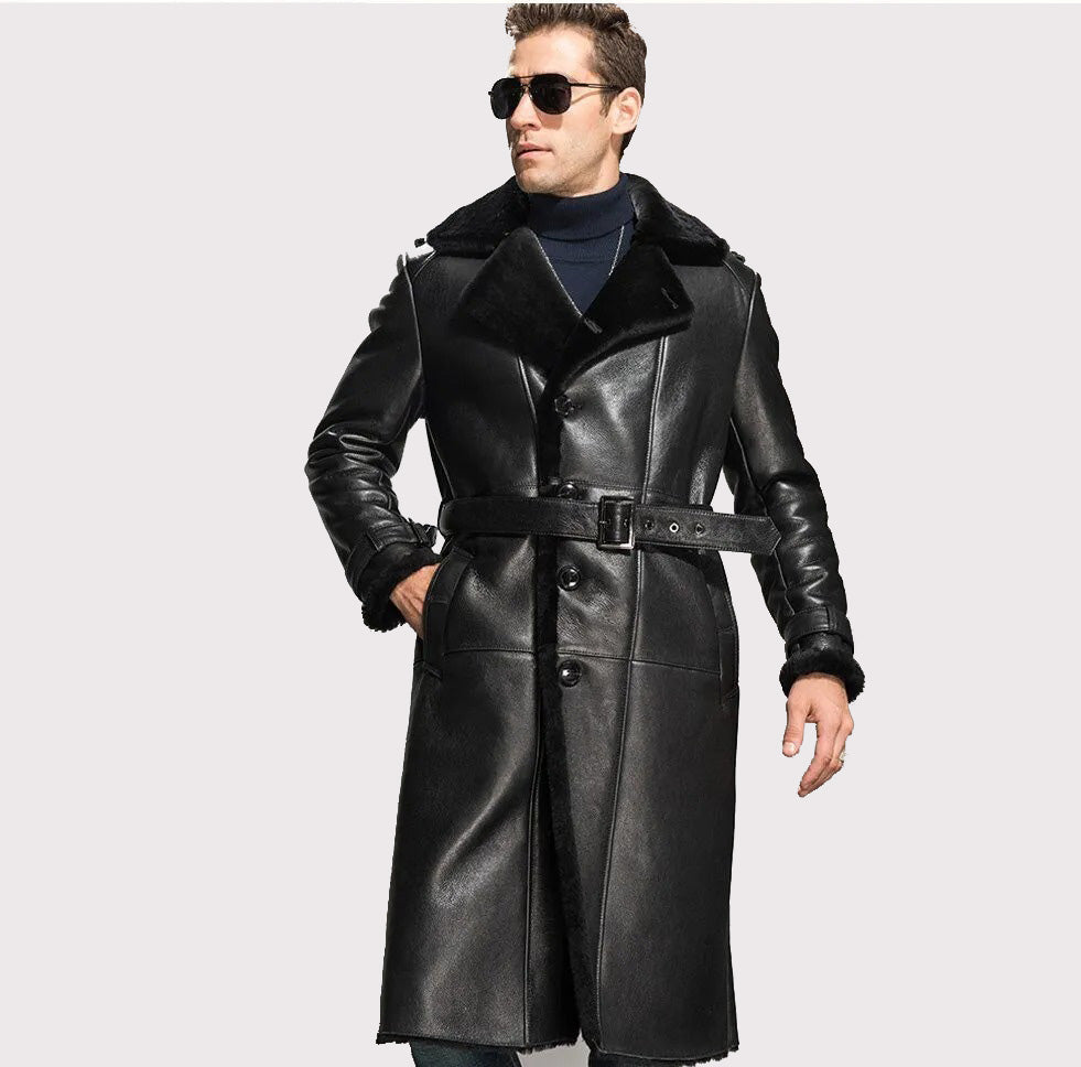 Black Oversize Sheepskin Shearling Coat for Men - Winter Parka