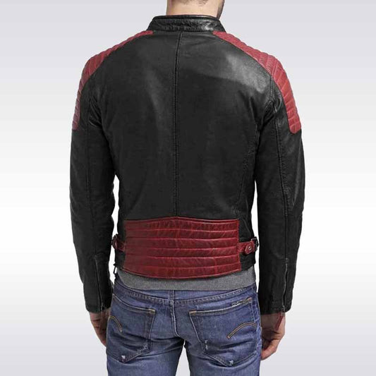 Black leather jacket with red accents