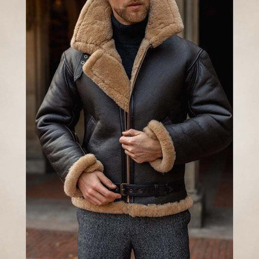 men's black shearling B3 aviator leather jacket front view