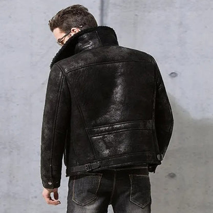 Men's Black Shearling Fur Pilot Leather Jacket