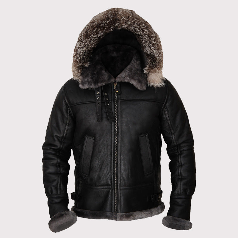 Men's Black Shearling Jacket with Hoodie