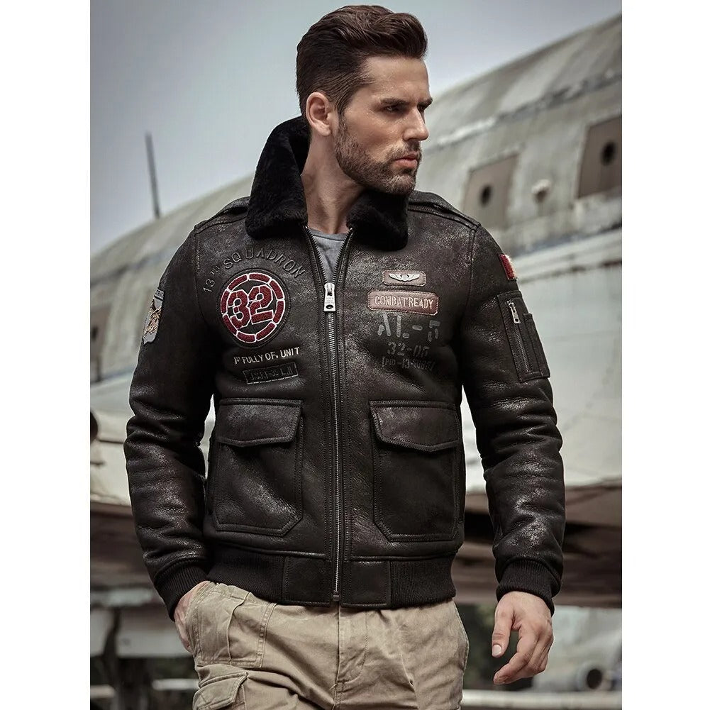 Men's Black Shearling Leather Jacket - Airforce Flight Coat