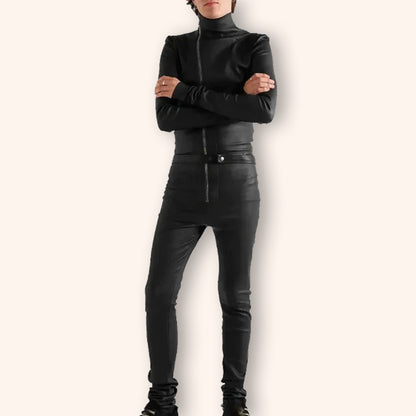 Men's Black Slim Fit Leather Jumpsuit - Jackets Kingdom