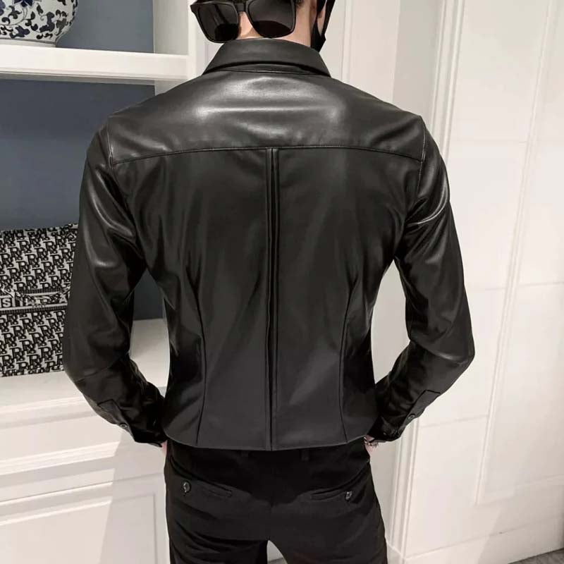 Men’s Slim Fit Black Sheepskin Leather Shirt Jacket
