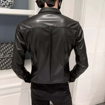 Men’s Slim Fit Black Sheepskin Leather Shirt Jacket