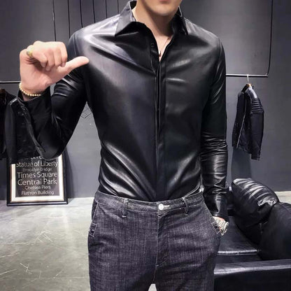 men’s slim fit black leather shirt jacket front view