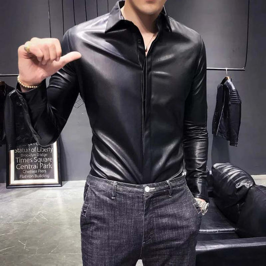 men’s slim fit black leather shirt jacket front view