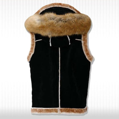 Men's Black Suede Leather Shearling Vest - Hooded Sleeveless Jacket