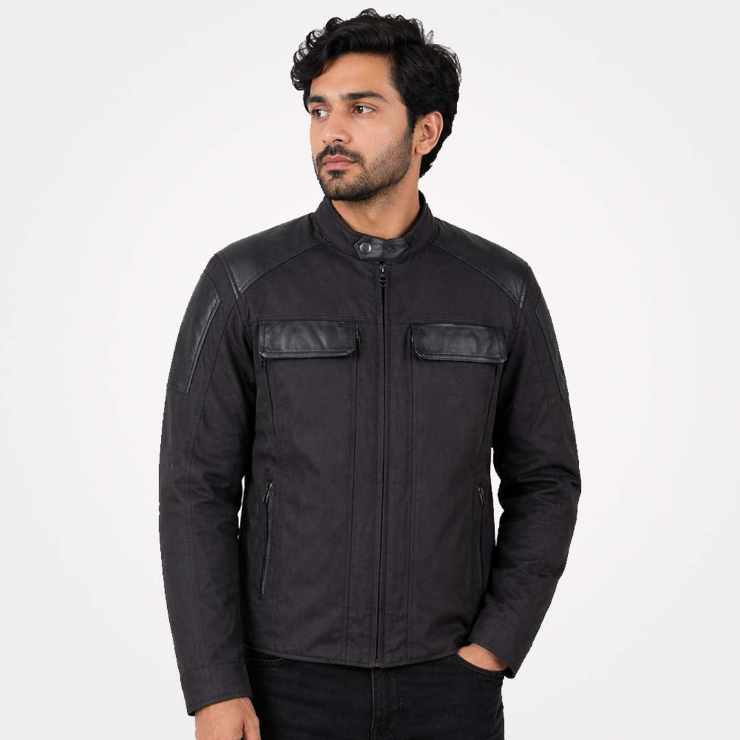 Mens Black Textile Motorcycle Jacket with Leather Trim