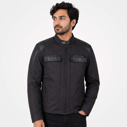 Mens Black Textile Motorcycle Jacket with Leather Trim