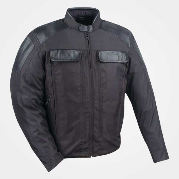Mens Black Textile Motorcycle Jacket with Leather Trim