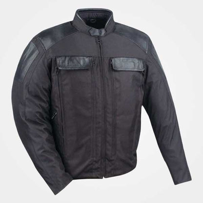 Mens Black Textile Motorcycle Jacket with Leather Trim