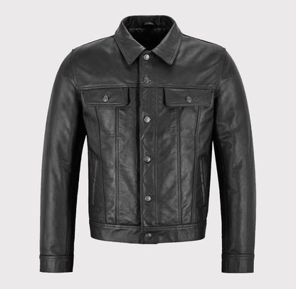 Men's Black Trucker Western Leather Jacket Shirt!