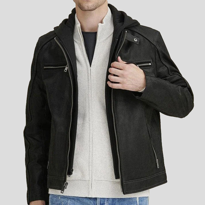 Men's Black Vintage Hooded Leather Jacket - Classic Style and Comfort