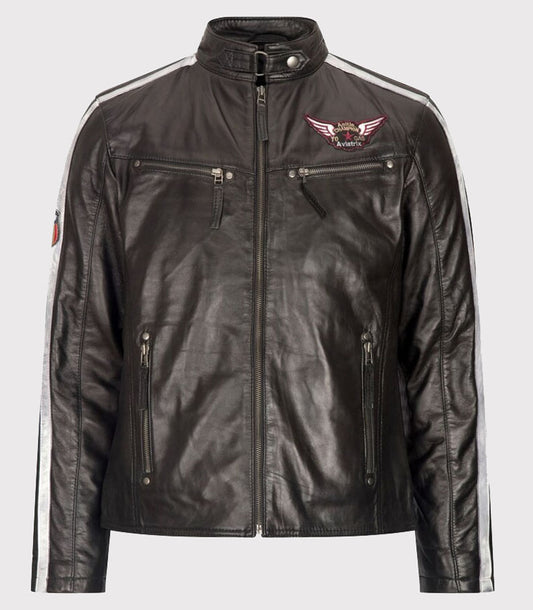 Men's Black and White Leather Biker Jacket - Racing Stripe Badge, Short Zipped