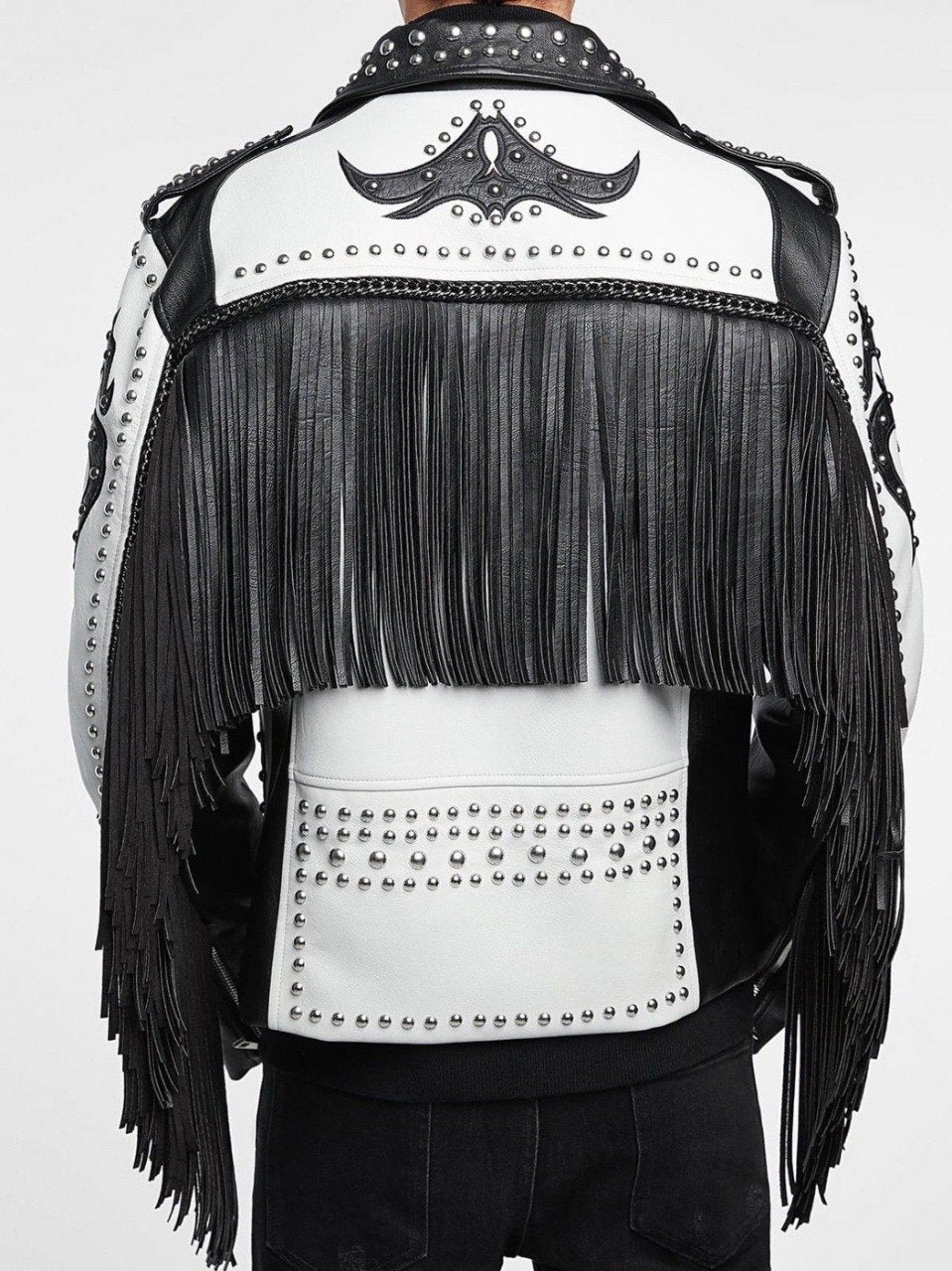 New Men’s Black & White Silver Studded Cowboy Leather Jacket with Fringes