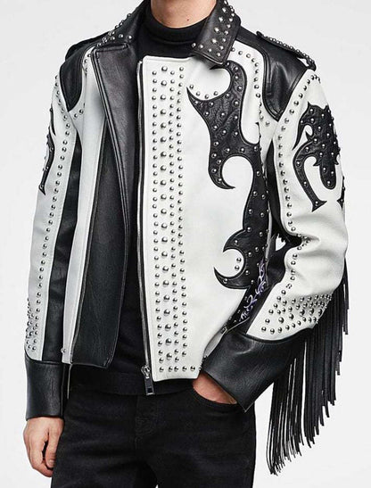 New Men’s Black & White Silver Studded Cowboy Leather Jacket with Fringes